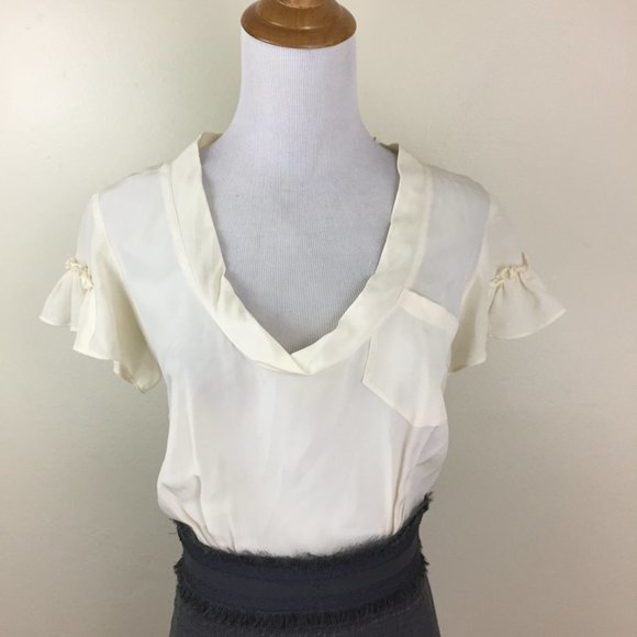 REBECCA TAYLOR Ivory Gray Silk Wool Blend Ruffle Short Sleeve Dress - Picture 8 of 15